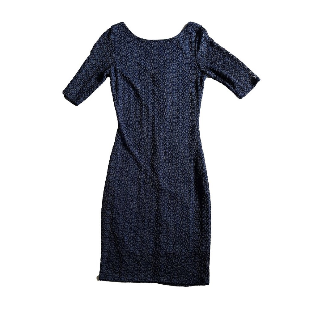 Birdseye - Navy blue, bodycon, three quarter length sleeve, dress, scoop back